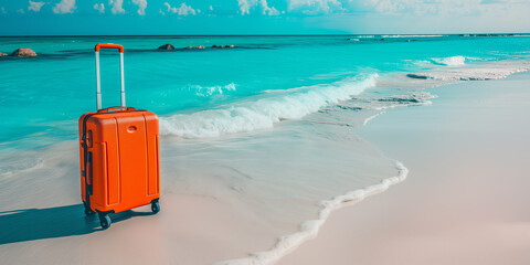 Summer Getaway: Bright Orange Suitcase on a Pristine Beach