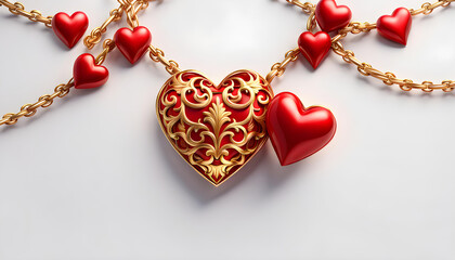 Hanging 3d decorative red love heart bounded by golden chains and small red hearts