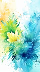 Fototapeta na wymiar Abstract flower illustration in watercolor with a blend of yellow and blue hues, with a dynamic, fluid background