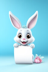 3d happy easter bunny holding a blank sign with hands on blue background