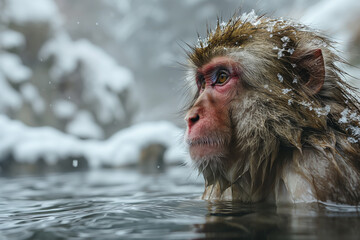 snow monkey in a hot spring in winter