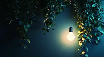 A Dim Incandescent Light Bulb Illuminating a Wall Overgrown With Creeping Vines Mockup - obrazy, fototapety, plakaty