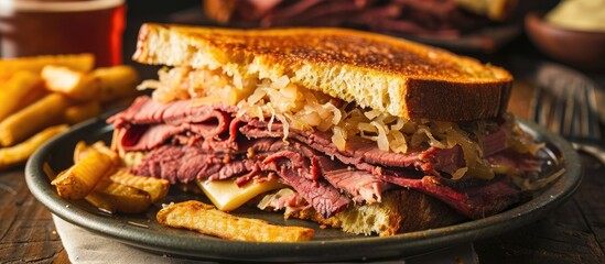 Traditional American sandwich with pastrami, corned beef, Swiss cheese, sauerkraut, thousand island dressing, on grilled rye bread, served with French fries. - obrazy, fototapety, plakaty