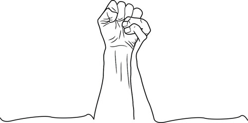 Line Art Vector Hand Fist Raised: Black History Month Symbolism, Social Justice Concept, Civil Rights Movement Representation, Equality Symbol, Activism Icon, Freedom Symbol, Protest Gesture - obrazy, fototapety, plakaty