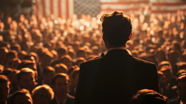 An influential politician addressing a crowd during a campaign rally. [successful person]