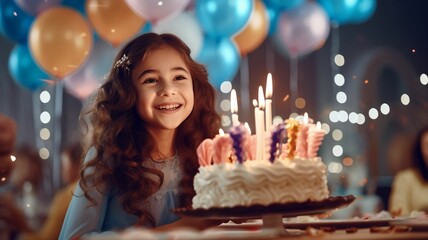Obraz na płótnie Canvas Girl holding birthday cake with candles.