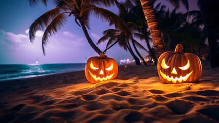 Glowing Halloween pumpkin seaside. Decoration for horrifying party on the beach. A holiday of fear and horror. 