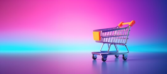 Generative AI, shopping cart on neon gradient background, 80s and 90s style, minimalistic shop online, free delivery, discounts and sale concept. - obrazy, fototapety, plakaty