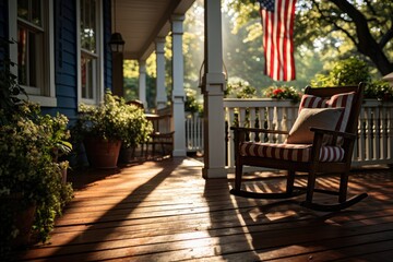 Charming traditional home with front porch decorated with the USA flag for the 4th of July - obrazy, fototapety, plakaty