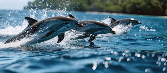 Dolphins leaping and diving in Raja Ampat's blue ocean. - obrazy, fototapety, plakaty
