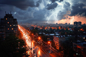 Dramatic view of a thunderstorm with lightning strikes over a city at night, showcasing the city lights and stormy weather.