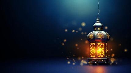 Ramadan Kareem Arabic Lantern, Muslim Holy Month Ramadan Kareem. Beautiful Shining Lantern Blue Dark background