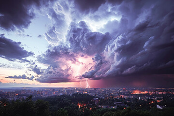 Dramatic thunderstorm with lightning over the city skyline at sunset with vibrant purple sky and city lights. - Powered by Adobe