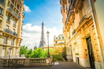 famous Eiffel Tower landmark and Paris summer street, Paris citscape, France, toned