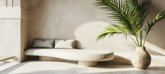 Fragment of beige monochrome living room. Trendy curved couch with cushions, large ceramic floor pot with indoor plant. Beautiful light from window. Mockup, 3D rendering.