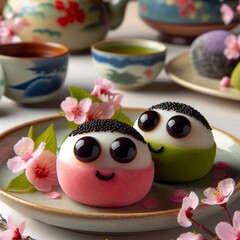 mochi, pink and green Japanese rice flour cakes in the form of balls with eyes in cartoon style for graphic design