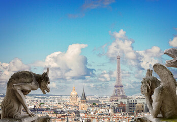 Gargoyle close up on Notre Dame Cathedral church in Paris, France