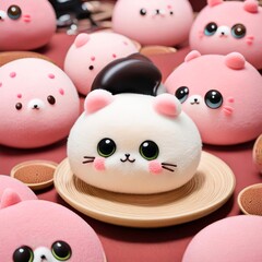 mochi, pink and white Japanese rice flour cakes in the form of kittens in cartoon style with eyes for graphic design