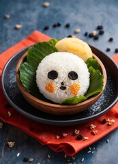 mochi, white Japanese rice flour cake on a dish in cartoon style with eyes for graphic design
