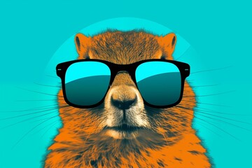 Spring pop art style groundhog illustration in bright glasses and on light blue neutral background...