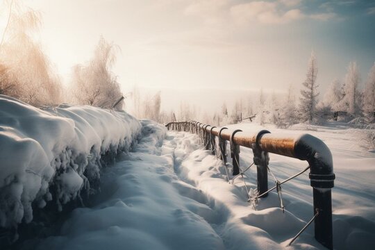 gas pipeline in Russia on snowy landscape in winter. generative ai