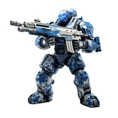 Robot warrior holding a gun on transparent background PNG. Future robot war concept.