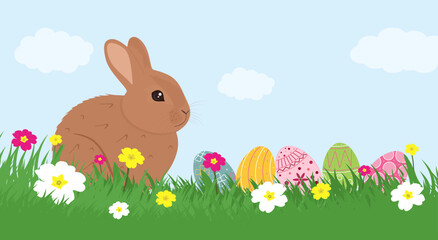 Easter holiday template banner with cute rabbit on green grass and easter eggs. Easter funny rabbit or bunny on green meadow and beautiful colorful spring flowers. Flat cartoon vector illustration