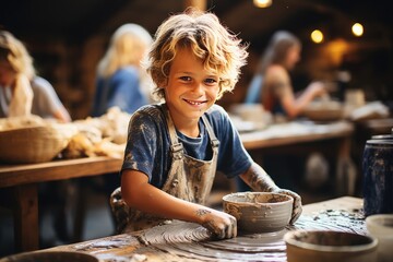 A little boy sculpts from clay in a pottery studio. Little schoolboy with painted clay cup standing in front of camera in studio of arts and crafts - Powered by Adobe