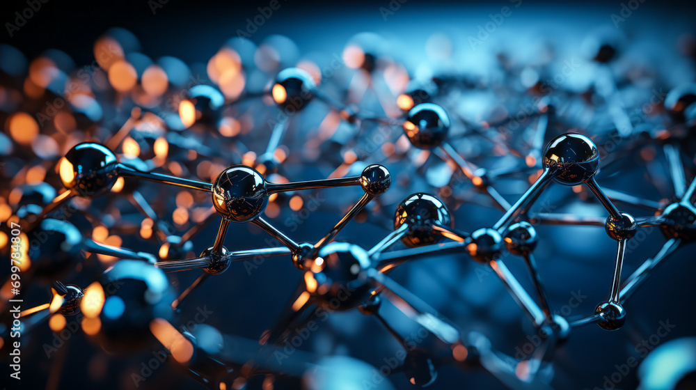Poster nanotechnology structure with spherical molecules on a hexagonal grid, representing advanced scienti