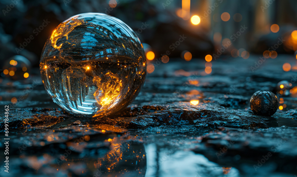 Poster futuristic spherical device with intricate patterns glowing on a dark, high-tech background