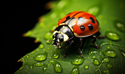 Fototapeta premium Ladybug on a green leaf with dew drops, a symbol of good luck and the beauty of nature's details