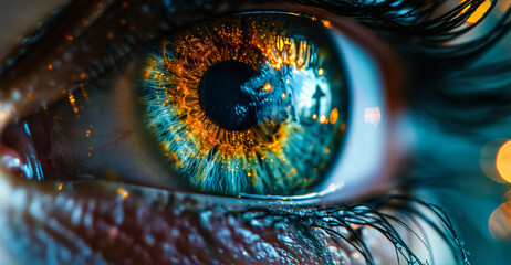 Close-up of a human eye with advanced cybernetic enhancements, symbolizing futuristic vision technology