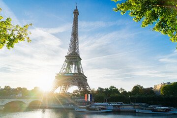 Eiffel Tower landmark from Trocadero at sunrise, Paris, France