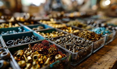 Organized Assortment of Brass and Metal Fasteners in Transparent Containers for Hardware and Construction