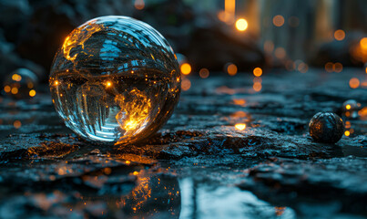 Futuristic spherical device with intricate patterns glowing on a dark, high-tech background