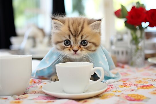 Playful kitten hides under napkin, curiously eyeing a cup of coffee on the table