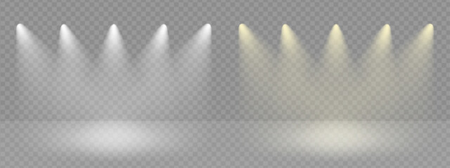 Spotlight illuminated stage background. White rays of floodlight, ies lamp beam set. Festive warm rays on transparent background - obrazy, fototapety, plakaty