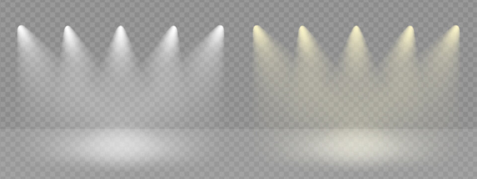 Spotlight illuminated stage background. White rays of floodlight, ies lamp beam set. Festive warm rays on transparent background