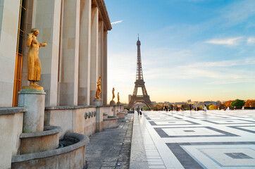 Eiffel Tower from the Gardens of the Trocadero square at sunrise, Paris France