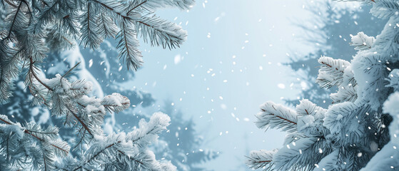 Frost blanketed the branches of pine trees. A panoramic banner with copy space for Christmas or winter.