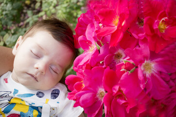 Fototapeta premium Sleeping baby surrounded by pink flowers