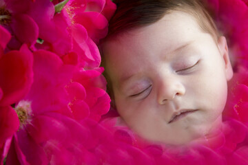 Sleeping baby surrounded by pink flowers