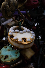 many old rusty locks. tradition of hanging a barn lock on the wedding day