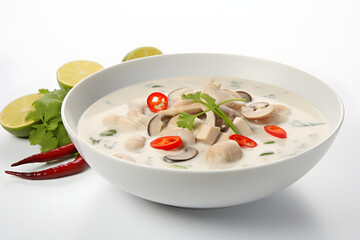 Traditional Thai food Tom Kha Gai soup in a bowl on a wooden table and ingredients