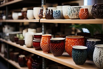 Handcrafted clay and ceramic mugs and pots on wooden shelf of pottery studio. Handmade eco tableware.