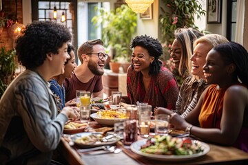 A diverse group of friends gather around a table for a dinner, celebrating friendship and community - obrazy, fototapety, plakaty