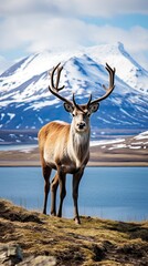 Reindeer of Iceland looking at camera with a lake and snowy mountains in the background