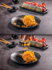Pic collage of Fried Sushi Brazilian style. Sushinha and Strawberry sushi dog. Two for 1.