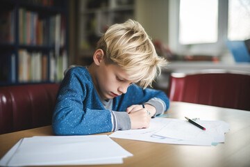 Sad tired child doing his homework sitting. The boy struggles with reading, writing and solving math problems at home. Education, school, learning disability, reading difficulties, dyslexia concept.  - obrazy, fototapety, plakaty