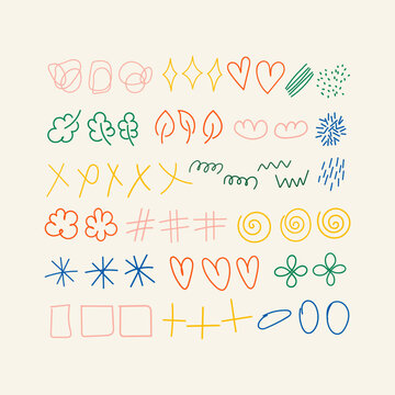 Collection of small hand drawn doodles. Simple hearts, leaves, flowers, crosshatches, stars, swirls, circles, dots. Cartoon style decorative line elements clipart set design